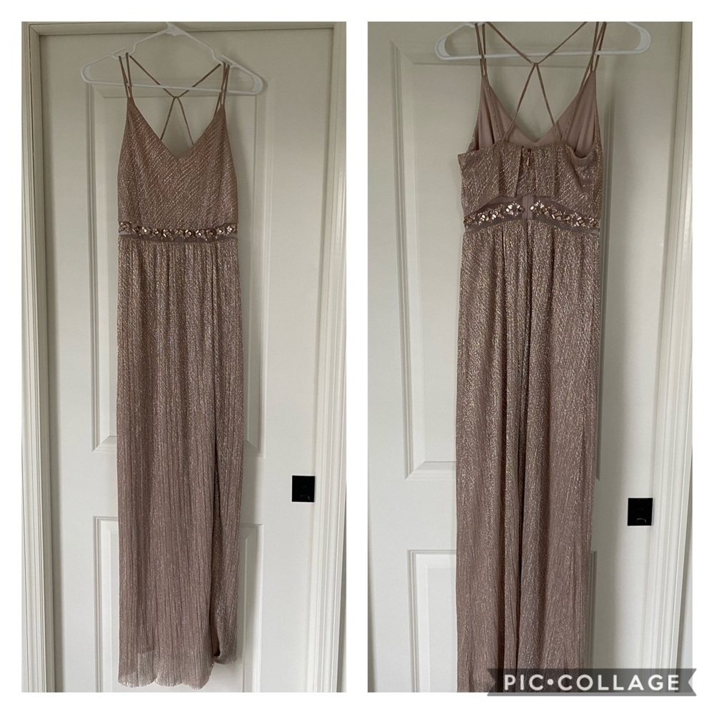 Champagne Gold Textured Gown with Sheer Gem Detail